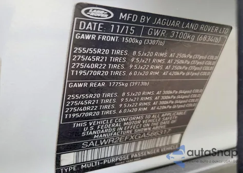 2016 Land Rover Range Rover Sport Sc z USA, uszkodzony, nr VIN SALWR2EFXGA566317